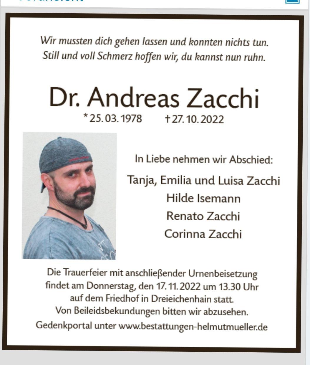 Traueranzeige Andreas Zacchi